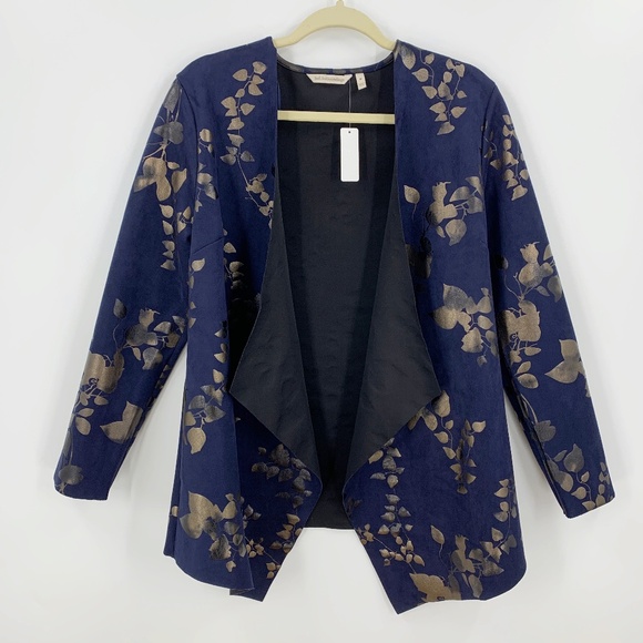 Soft Surroundings Blue & Bronze Floral Moleskin Open Front Jacket Topper Sz M - Picture 1 of 9